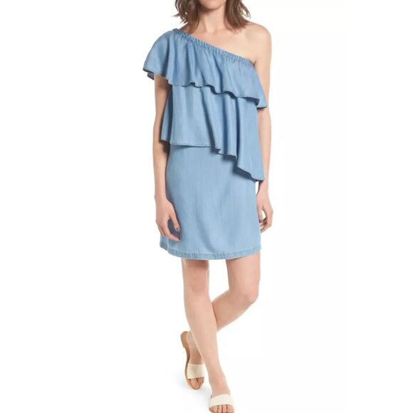 Chelsea 28 ruffle blue denim one-shoulder long top or mini dress Sz: M - Picture 2 of 10